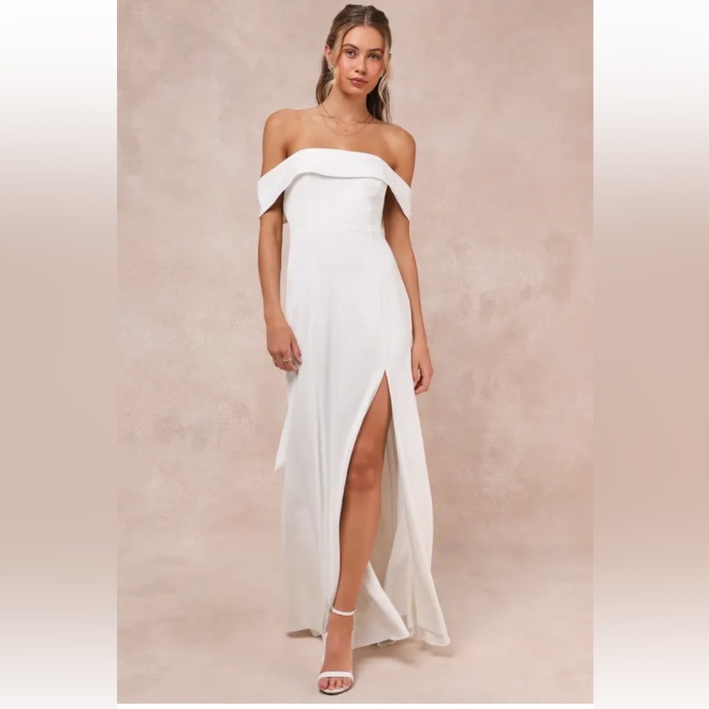 Off-shoulder, white floor-length dress